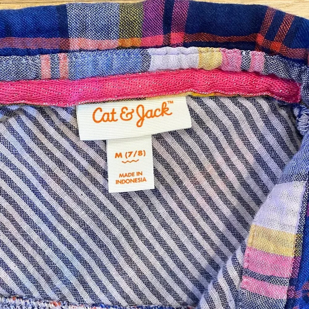 Cat & Jack Blue and Pink Plaid Cotton Short Sleeve Shirt Dress Size M (7/8) Girl
